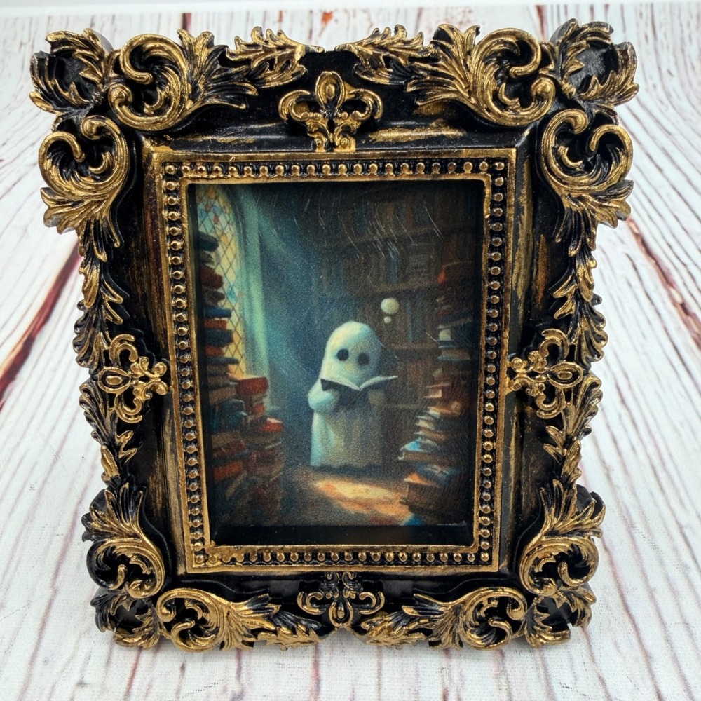 Handmade Ghost Reading in Library Decoupage Art Ornate Black Gold Resin Frame